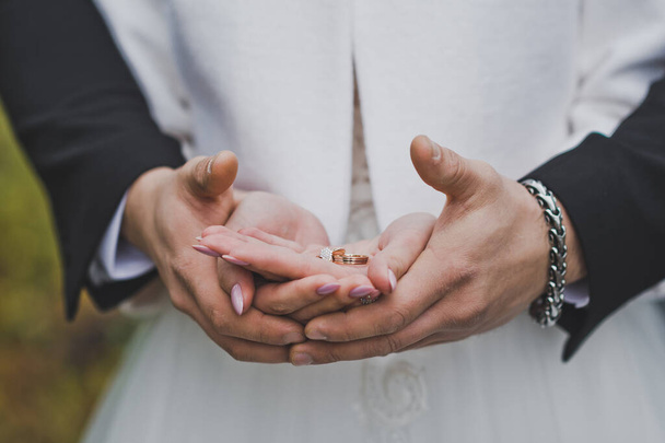 Wedding rings in the hands of the newlyweds 2486. - Foto, imagen