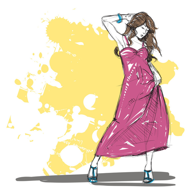 Desenho de mão de uma menina de moda bonita em estilo esboço
 - Vetor, Imagem