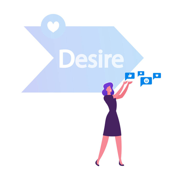 Woman Holding in Hands Various Social Media Icons front of Arrow with Desire Typography One of Step AIDA Model except Attention Interest Action Stages in Advertising. Illustration vectorielle plate de bande dessinée
 - Vecteur, image