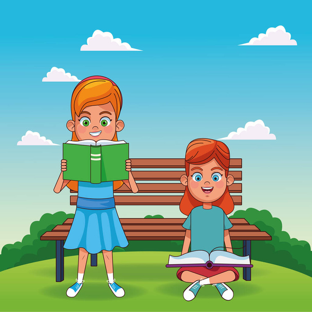 rajzfilm lányok olvasás könyvek felett park pad - Vektor, kép