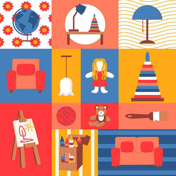 Brinquedos infantis e ícones de mobiliário de sala de crianças, ilustração vetorial
 - Vetor, Imagem