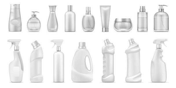 Realistic dispenser. Cosmetic containers and white blank cleaner bottles, 3D isolated toilet and bath household chemicals. Vector detergents - Vektör, Görsel
