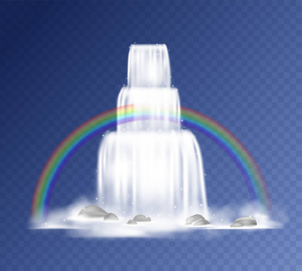 Waterfall. Realistic falling water with fog, splashes, mountain rocks and rainbow. Vector cascade waterfall isolated on transparent background - Vektör, Görsel