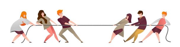 Trek aan het touw. Cartoon groep mensen concurreren in de wedstrijd, werknemers teams en kantoor personen trekken tegenovergestelde uiteinden van touw. Vector team competitie - Vector, afbeelding
