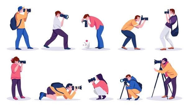 Fotógrafos. Dibujos animados profesionales personas con cámaras de fotos de disparo con trípodes y de las manos. Vector paparazzi, blogueros y periodistas
 - Vector, imagen
