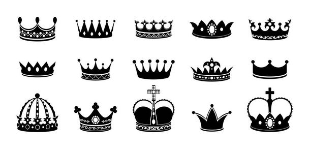 Набор значков силуэта короны. Коллекции королевы тиары. Император коронует силуэт. Коронация короля алмазов. Векторная корона изолирована на белом
 - Вектор,изображение