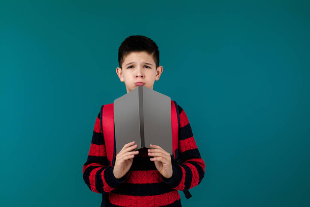 little cheerful school boy with book - Photo, Image