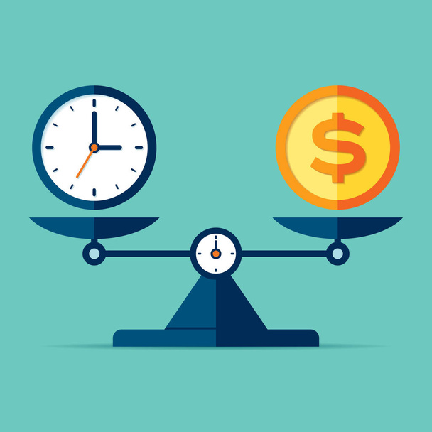 Time is money. Scales icon in flat style. Libra symbol, balance sign. Time management. Dollar and clock icons. Vector design element for you project on color background - Vettoriali, immagini