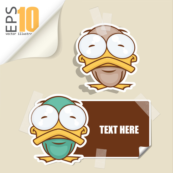 Set of message card with cartoon duck and paper duck fixed with sticky tape - Vector, Imagen