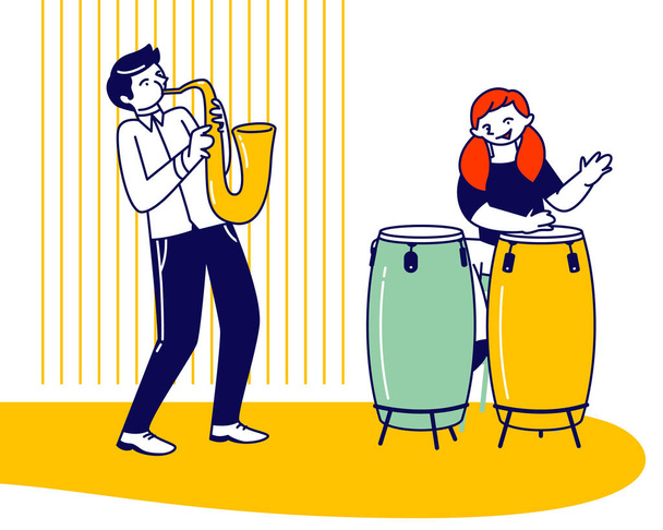 Κορίτσι ντράμερ και αγόρι σαξόφωνο Παίζοντας μουσική σύνθεση Εκπαίδευση πριν από την παράσταση τζαζ στη σκηνή ή εξετάσεις. Ταλαντούχα παιδιά Καλλιτεχνών Μελέτη στο Μουσικό Σχολείο Γελοιογραφία Επίπεδη Διάνυσμα Εικονογράφηση - Διάνυσμα, εικόνα