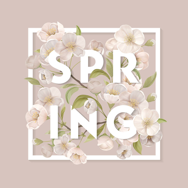 Spring Concept. White Blooming Cherry Blossoms with Leaves and Branches inside of Square Frame on Beige Background. Elegant Poster, Decorative Banner Flyer Brochure. Cartoon Flat Vector Illustration - Вектор,изображение