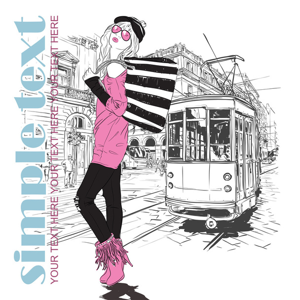 Vector illustration of pretty fashion girl and old tram - ベクター画像