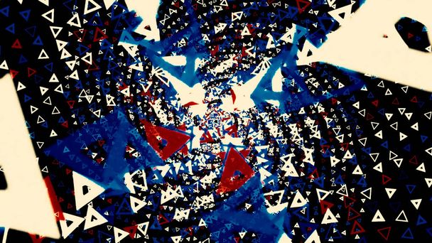 abstrakte atemberaubende psychedelische optische Täuschung von Dreiecken auf schwarzem Hintergrund. Animation. Umfallen warf die bunte rotierende Spirale entlang vertikaler 3D-Figurenreihen. - Foto, Bild