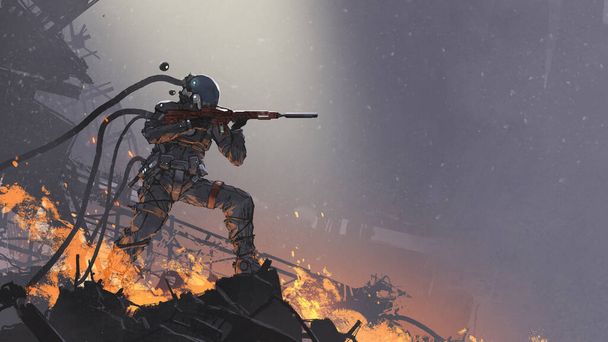 the futuristic soldier aiming his gun at the enemy against the battlefield background, digital art style, illustration painting - Photo, Image