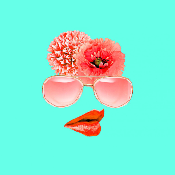 Contemporary art collage. Trendy sunglasses accessories and flow - Фото, изображение