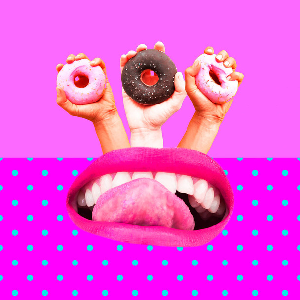 Contemporary art collage.  Donut lover. Minimal zine design - Photo, image