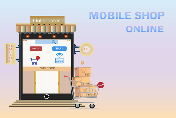 Zakupy online i mobilne koncepcja sklepu, ilustracja wektor - Wektor, obraz