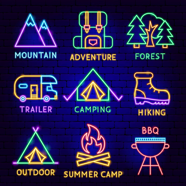 Camping Neon Label Set - Vector, afbeelding