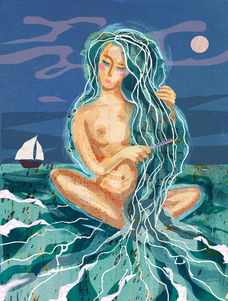 Hermosa chica peina su cabello en el mar
. - Foto, imagen