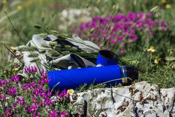 Thermos of tea on a flowering slope. Late spring (early summer)  - Foto, Imagen
