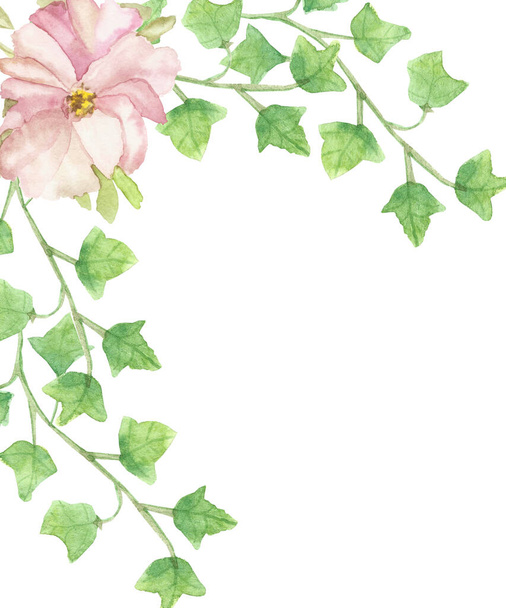 Watercolor hand painted nature eco floral frame composition with pink peony flower and green loach leaves on branches bouquet in the corner on the white background for invitations and greeting cards - Photo, image