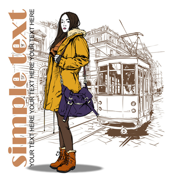 Vector illustration of a pretty fashion girl and old tram - Vettoriali, immagini