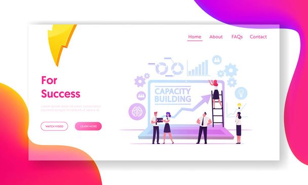 Capacity Building Website Landing Page. Team of Business People Working around of Huge Laptop with Growing Arrow on Screen. Development Strategy Web Page Banner. Cartoon Flat Vector Illustration - Vector, Image