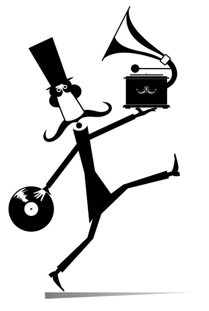 Funny man with vintage record player and record illustration. Walking long mustache man in the top hat holds a long playing record and gramophone black on white - Vektör, Görsel