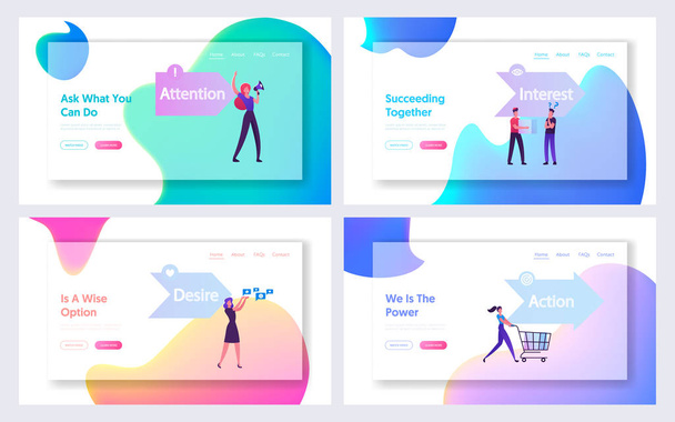 AIDA Foundation Principles in Marketing and Advertising Website Landing Page Set. Business Word of Team People Attention Interest Desire Action Stages Web Page Banner. Cartoon Flat Vector Illustration - Vector, Image