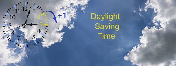 Daylight Saving Time (DST). Blue sky with white clouds and clock. Turn time forward (+1h). - Fotoğraf, Görsel