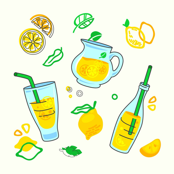 Impressão caseira da bebida da limonada com elementos diferentes do projeto no estilo do doodle, garrafa com suco e palha, garrafa de vidro, fatias de frutas do limão no fundo branco. Ilustração de vetor de ornamento criativo
 - Vetor, Imagem