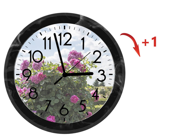 Η θερινή ώρα (Dst). Ρολόι τοίχου πηγαίνει στην θερινή ώρα (+ 1). Γύρνα το χρόνο μπροστά. - Φωτογραφία, εικόνα
