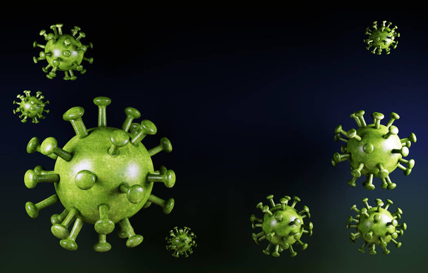 Coronavirus COVID-19. Vista microscópica de la célula onCoronavirus antecedentes. Tipo mortal de virus 2019-nCoV. Análisis y prueba. Coronavirus 2019-nCov novel. Virus del microscopio de cerca. Influenza, renderización 3d
 - Foto, imagen