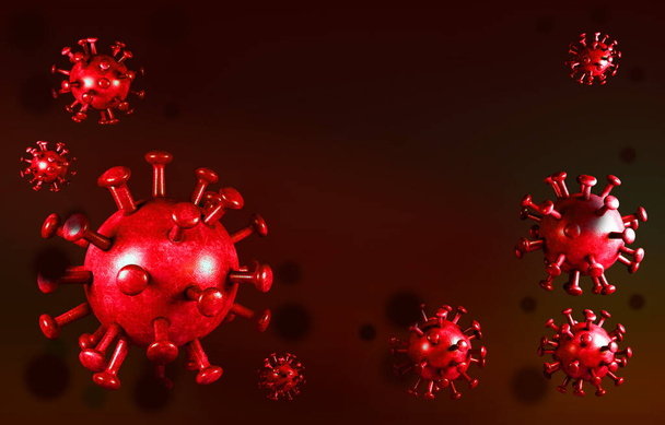 Coronavirus COVID-19. Visão microscópica da célula no fundo vermelho do Coronavirus. Tipo mortal de vírus 2019-nCoV. Análise e teste. Romance do Coronavirus 2019-nCov. Vírus microscópico de perto. Influenza, renderização 3d
 - Foto, Imagem