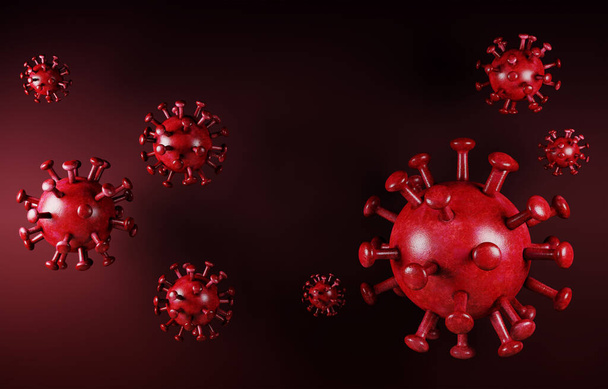 Coronavirus COVID-19. Vista microscópica de la célula onCoronavirus fondo rojo. Tipo mortal de virus 2019-nCoV. Análisis y prueba. Coronavirus 2019-nCov novel. Virus del microscopio de cerca. Influenza, renderización 3d
 - Foto, Imagen