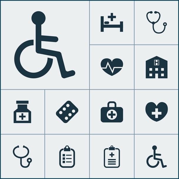 Drug icons set with medicine, bed, record and other disabled elements. Isolated vector illustration drug icons. - Vector, Image
