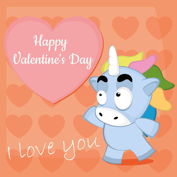 vector illustration of a cartoon unicorn trying to grab a heart with the text happy valentines - Vector, Image