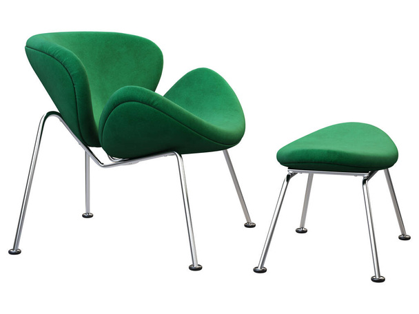 Mid-century green fabric chair and ottoman. 3d render. - 写真・画像