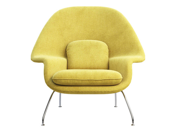 Κίτρινη υφασμάτινη καρέκλα στα μέσα του αιώνα με πόδια χρωμίου. 3d απόδοση. - Φωτογραφία, εικόνα