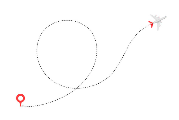 Tečkovaná dráha dráhy letu letadla s počátečním bodem polohy a ikonou trasovacího vektoru čáry čáry letu. Plán sledování cestovních letadel - Vektor, obrázek