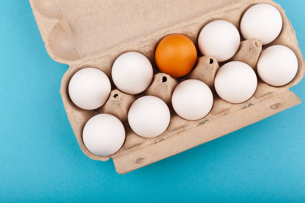 Egg Chicken eggs. Top view of an open gray box with white eggs Isolated on a blue background. One egg of a different color, a brown egg. The concept of focus, an outcast, not like everyone else, LGBT - Фото, зображення