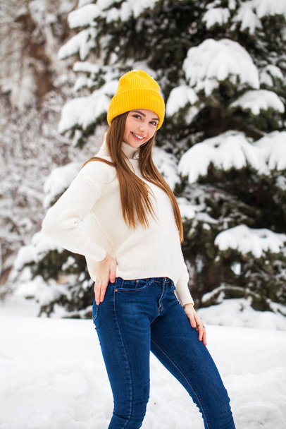 Young beautiful woman in a woolen sweater posing on a background - Foto, Imagen