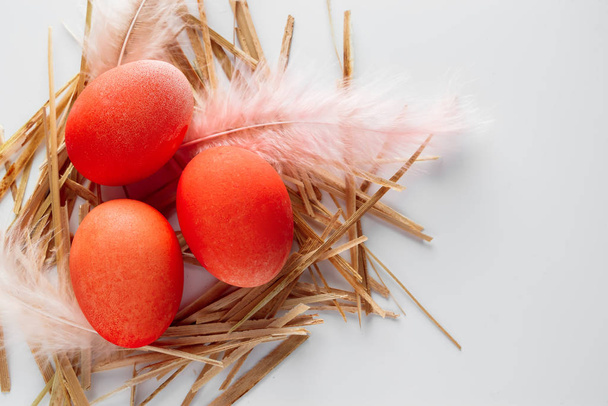 Оранжевые пасхальные яйца и перья в гнезде на белом фоне. Пасхальная композиция - оранжевые яйца и перья в гнезде. Место для текста
. - Фото, изображение