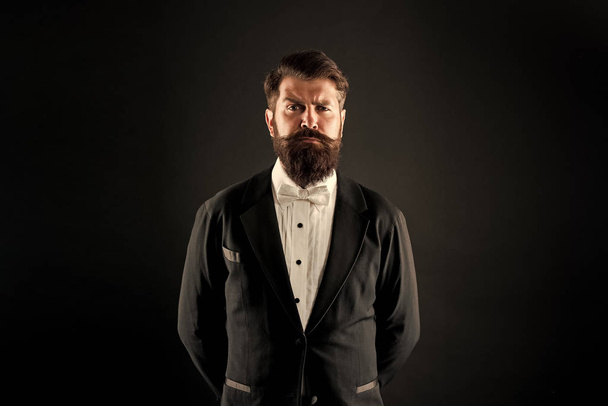 Official event dress code. Male fashion. Classic style. Classic never out of trend. Menswear classic outfit. Bearded man with bow tie. Well dressed and scrupulously neat. Hipster formal suit tuxedo - Valokuva, kuva