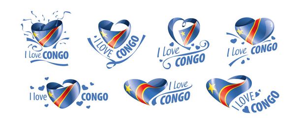 Bandera nacional de la República Democrática del Congo en forma de corazón y la inscripción Me encanta Congo. Ilustración vectorial
 - Vector, imagen
