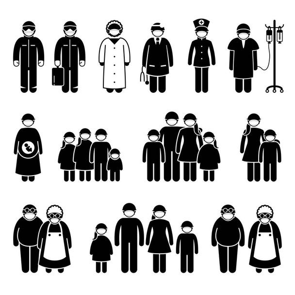 People wearing surgical mask to protect from virus, influenza, flu and novel coronavirus covid-19. Vector artwork of doctor, nurse, medical worker, patient, man, woman, kids, children, and family wear mask. - Vector, Image
