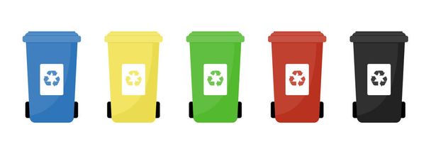 Poubelles vectorielles illustrations plates. Tri des ordures. Écologie et concept de recyclage. Poubelles recyclables colorées isolées sur fond blanc
. - Vecteur, image