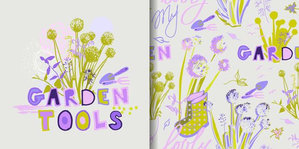 σύνολο μοτίβων και συνθέσεων φυτών κήπου και επιγραφών εργαλείων κήπου - Διάνυσμα, εικόνα