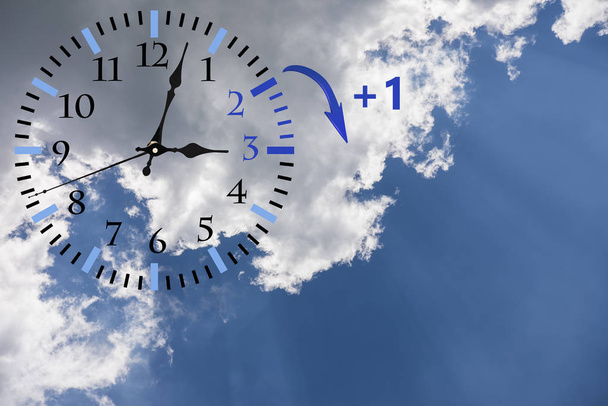 Ora legale (DST). Cielo blu con nuvole bianche e orologio. Tempo di rotazione in avanti (+ 1h
). - Foto, immagini