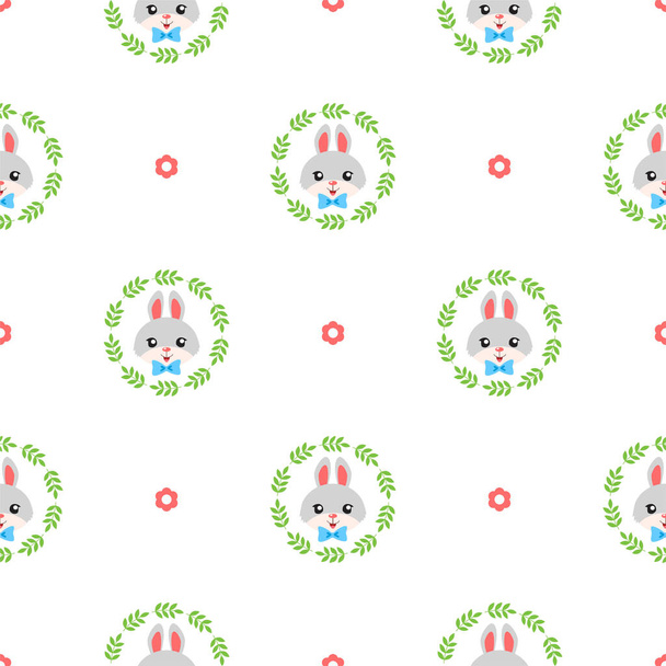 Cute background. Seamless pattern with cartoon bunny faces on background of green wreaths on white background. Illustration in flat style. Vector 8 EPS. - Wektor, obraz